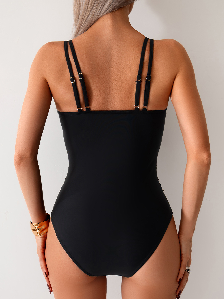 Women U Neck Double Strap One Piece Mesh Swimsuits Slimming Swimwear